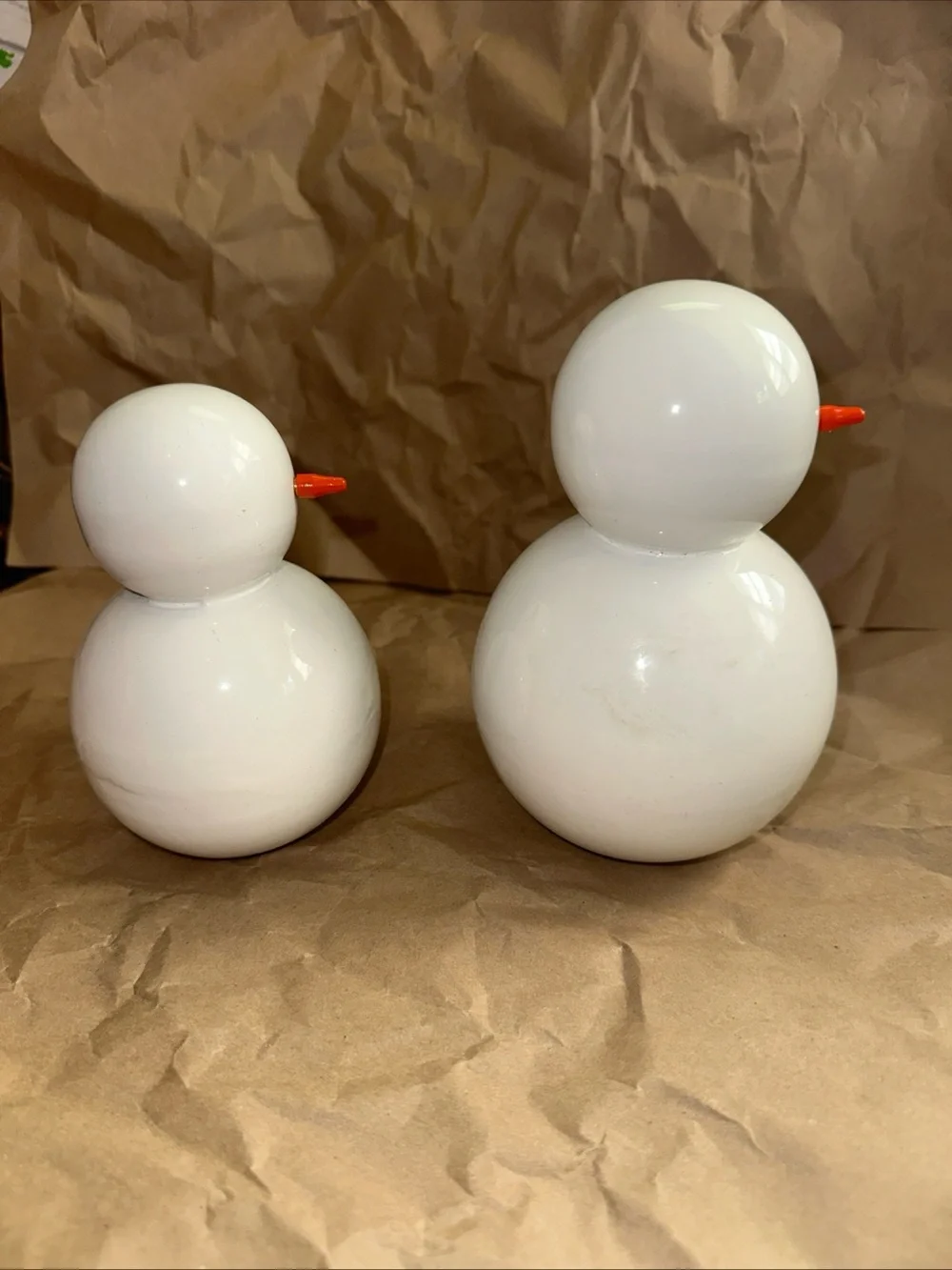 West Elm White glass/Lacquer 5” & 6”Snowman Figurines - Set of 2